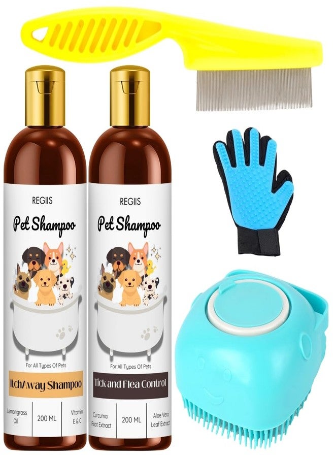 REGIIS Regijs Pet Grooming Kit with Shampoo Set, Blue Silicone Brush, Deshedding Glove, Flea Control, 200ml Bottles, for Dogs Cats(PACK OF 5) - Image 1